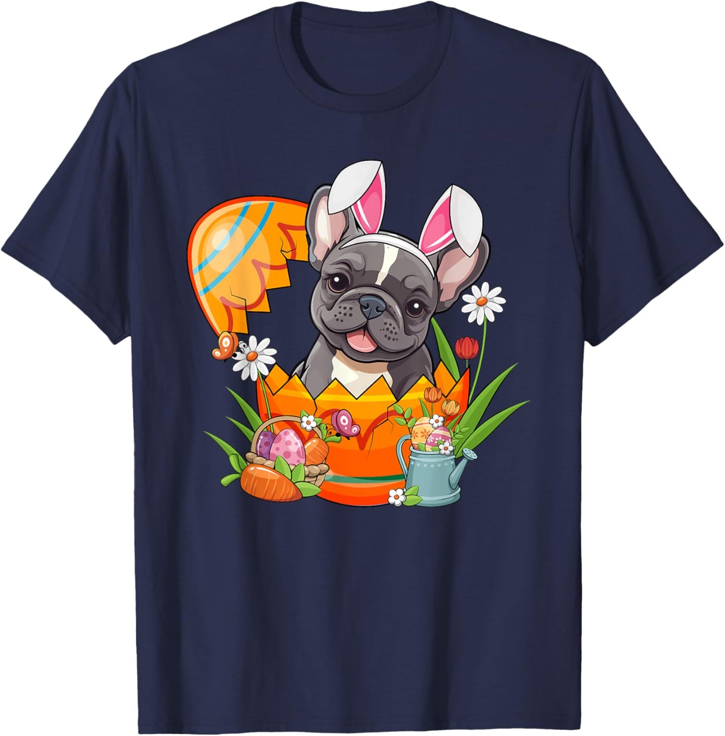 French Bulldog Rabbit Ears Easter Egg Pet Owner Men Women T-Shirt - T-Shirt | Navy