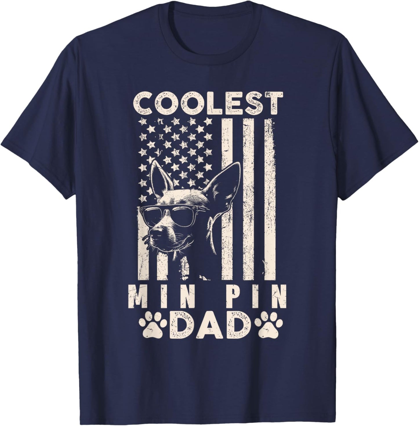 Coolest Min Pin Dad Vintage American Flag Funny Fathers Day Kids Men T-Shirt - T-Shirt | Navy