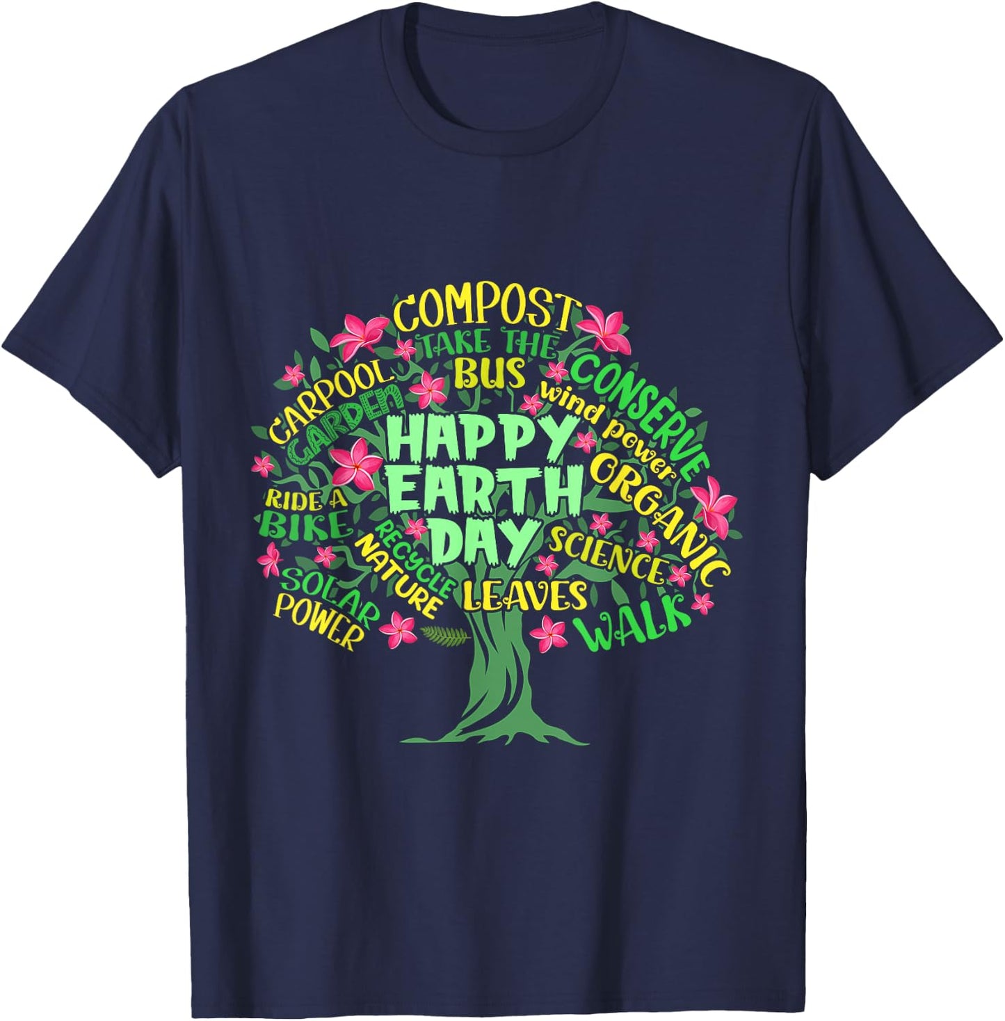 Happy Earth Day Tree Drawing Illustration Word Art T-Shirt - T-Shirt | Navy