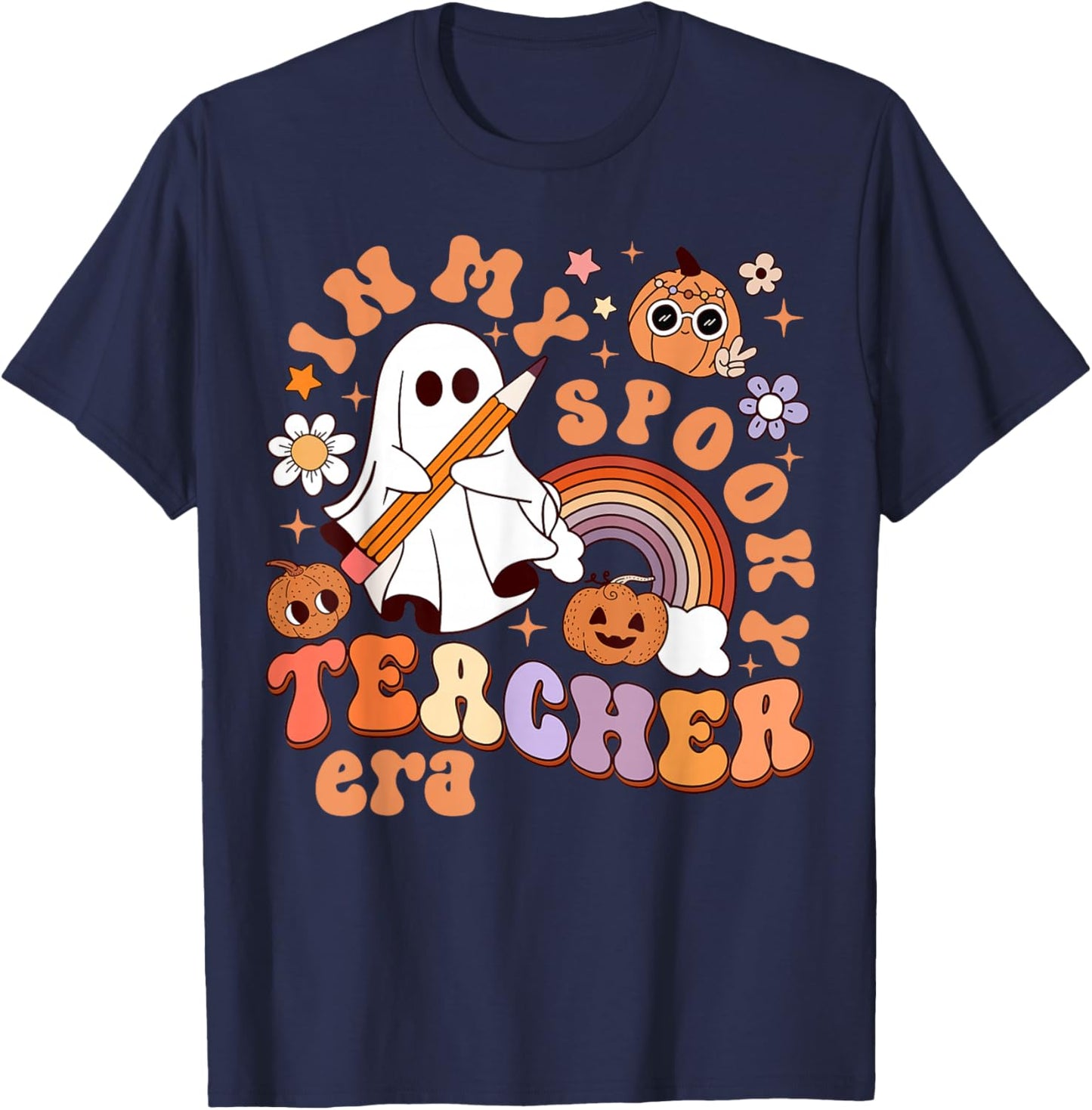 Groovy In My Spooky Math Teacher Era Ghost Funny Halloween T-Shirt - T-Shirt | Navy