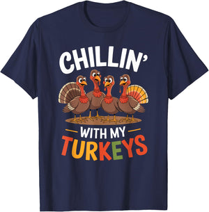 Funny Family Thanksgiving - Chillin With My Turkeys -Kids Thanksgiving-themed Boys' Kids' Novelty T-Shirt - T-Shirt | Navy