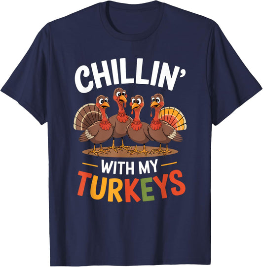 Funny Family Thanksgiving - Chillin With My Turkeys -Kids Thanksgiving-themed Boys' Kids' Novelty T-Shirt - T-Shirt | Navy