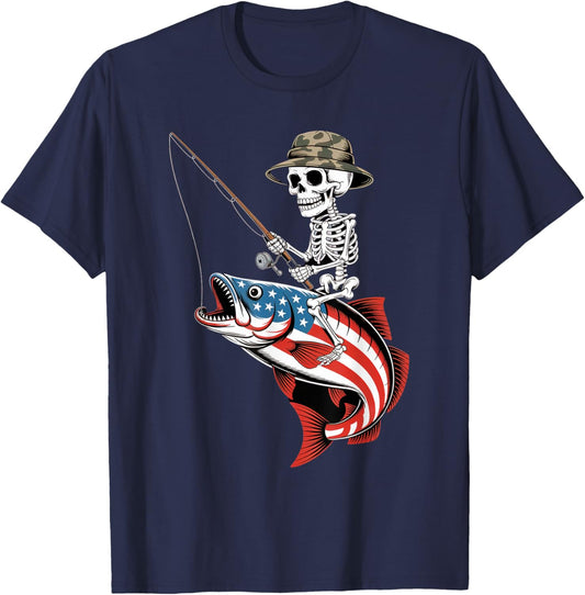 Patriotic Skeleton Fishing American Flag for Anglers T-Shirt - T-Shirt | Navy