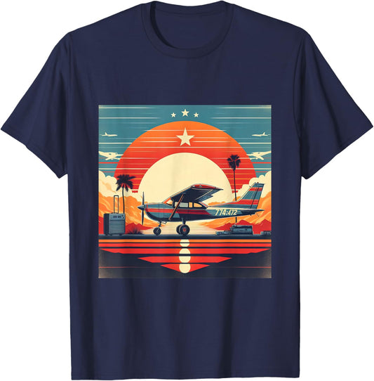 C-172 Skyhawk Vintage C172 Airplane Retro Sunset Pilot T-Shirt - T-Shirt | Navy