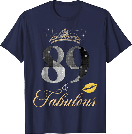 89 & Fabulous 89th Birthday 89 Years old Crown Lips Stars T-Shirt - T-Shirt | Navy
