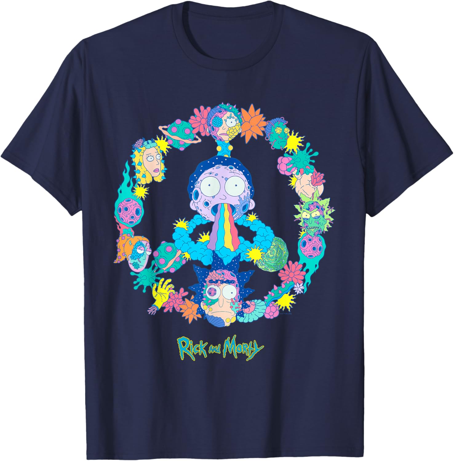 Rick and Morty Peace Sign Vivid Alien Adult Cartoon Fashion T-Shirt - T-Shirt | Navy