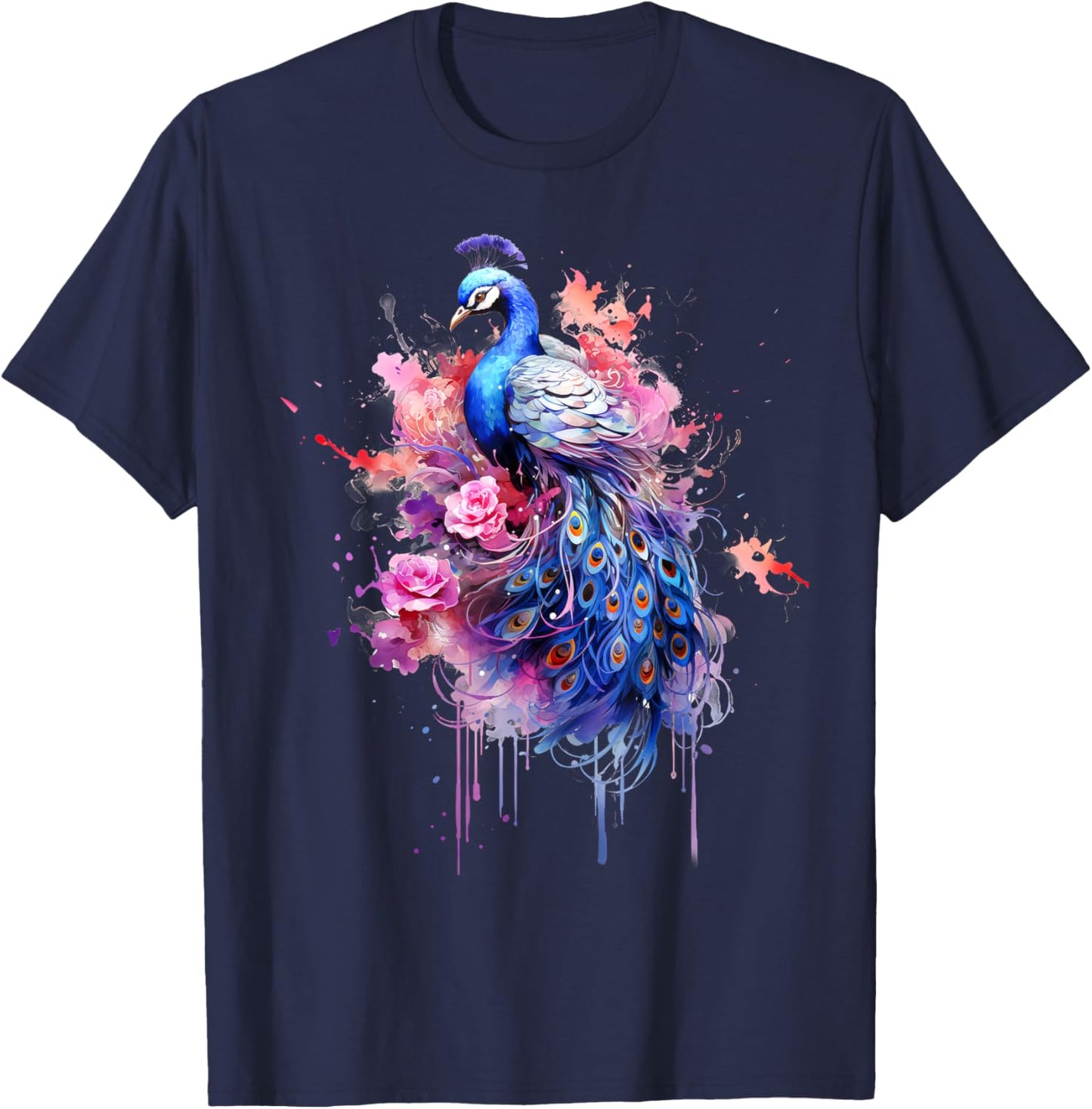Peacock Watercolor Garden, Colorful Art, Peacock T-Shirt - T-Shirt | Navy