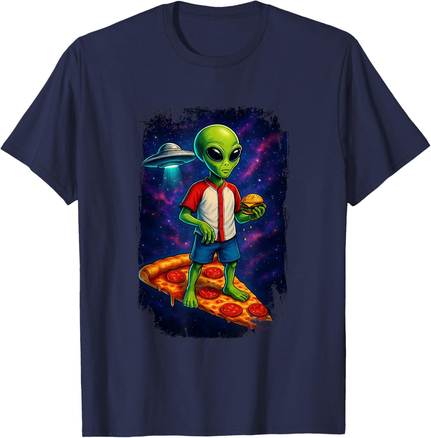 Alien UFO Pizza Galaxy Funny Hamburger T-Shirt - T-Shirt | Navy