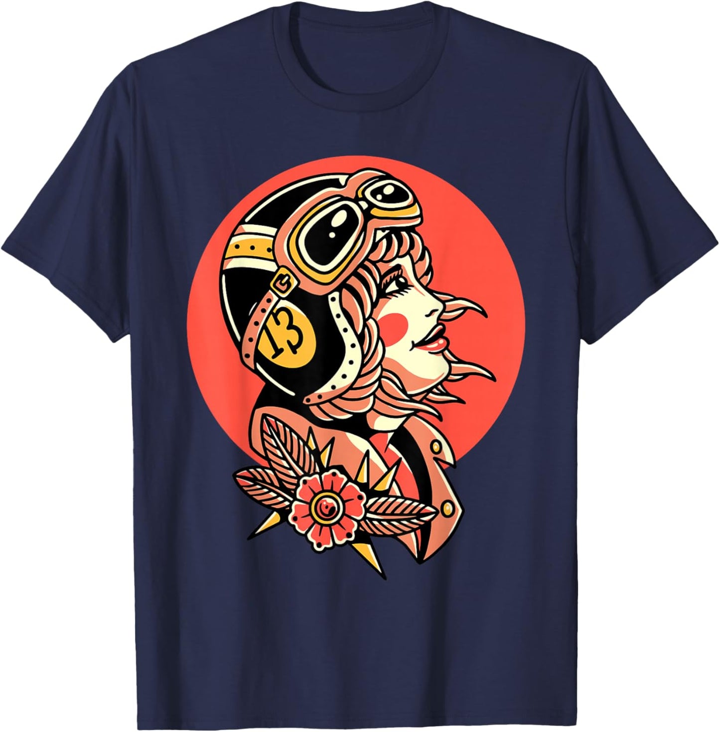 Biker Girl Traditional Tattoo Flash T-Shirt - T-Shirt | Navy