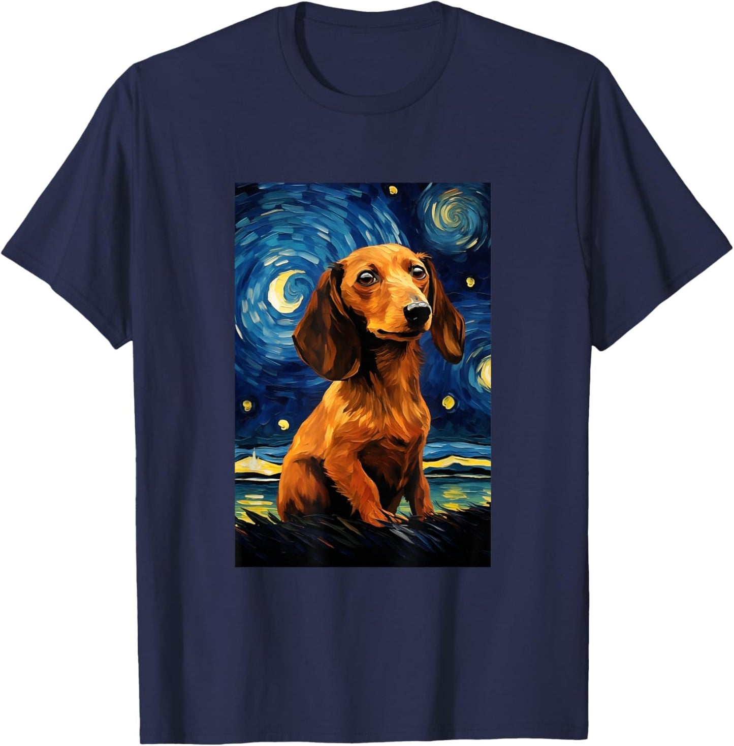 Cute Dachshund Dog Doggy - Van Gogh Style - Starry Night T-Shirt - T-Shirt | Navy
