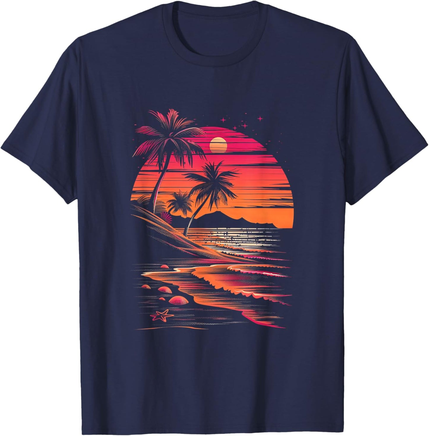 Tropical Sunset Pink Black Beach Scene T-Shirt - T-Shirt | Navy