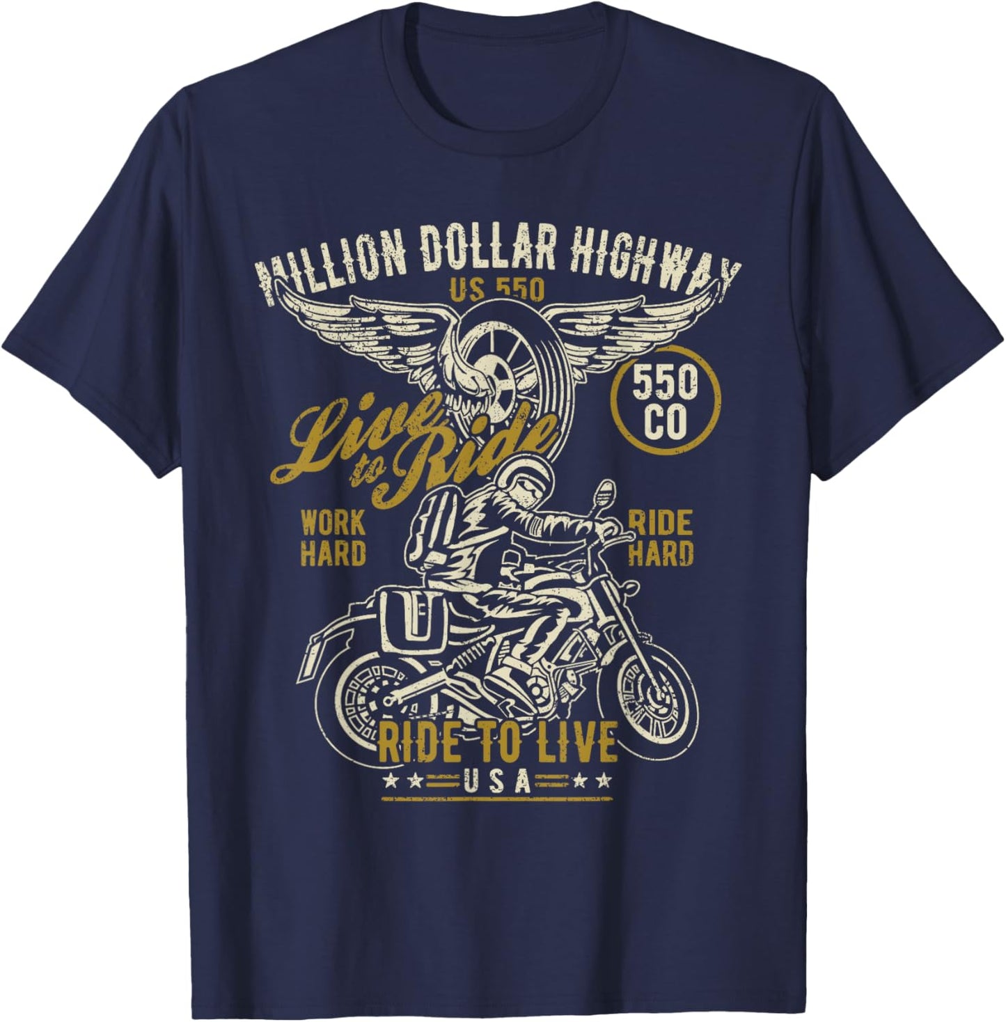 Million Dollar Highway HWY 550 CO USA Motorcycle Design T-Shirt - T-Shirt | Navy