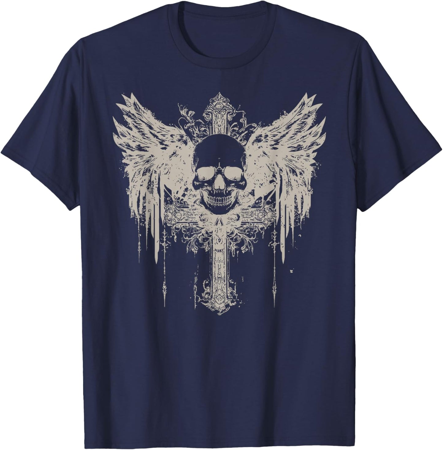 Skull Cross Y2K Grunge Aesthetic Goth Alt Gothic Emo Vintage T-Shirt - T-Shirt | Navy