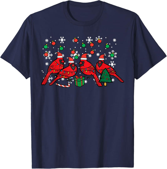 Christmas Cardinal Birds Santa Cute Xmas Men Women Kids T-Shirt - T-Shirt | Navy