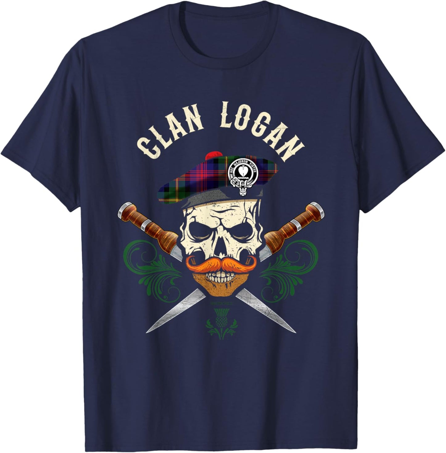 Scottish Clan Logan Surname Skull Dirks Tartan Badge T-Shirt - T-Shirt | Navy