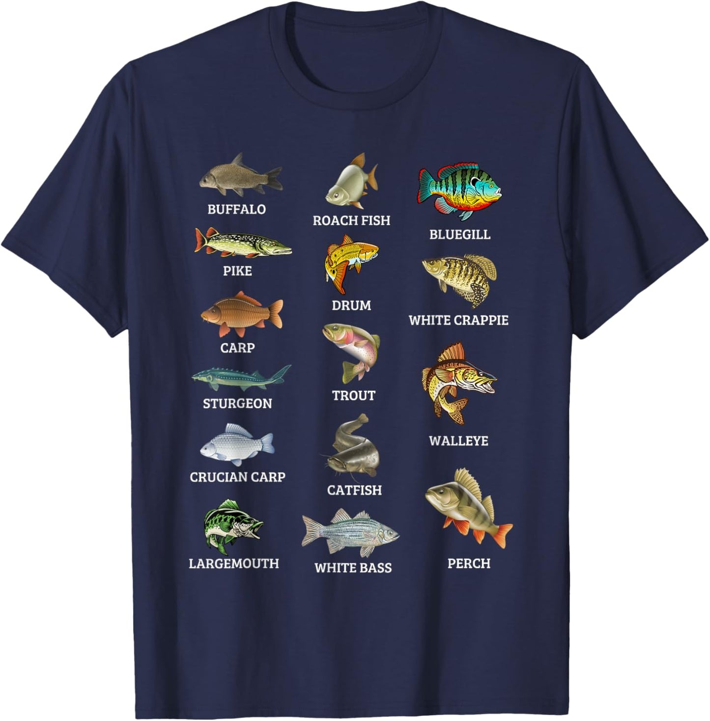 Types Of Freshwater Fish Species Fishing Fisherman Anglers T-Shirt - T-Shirt | Navy