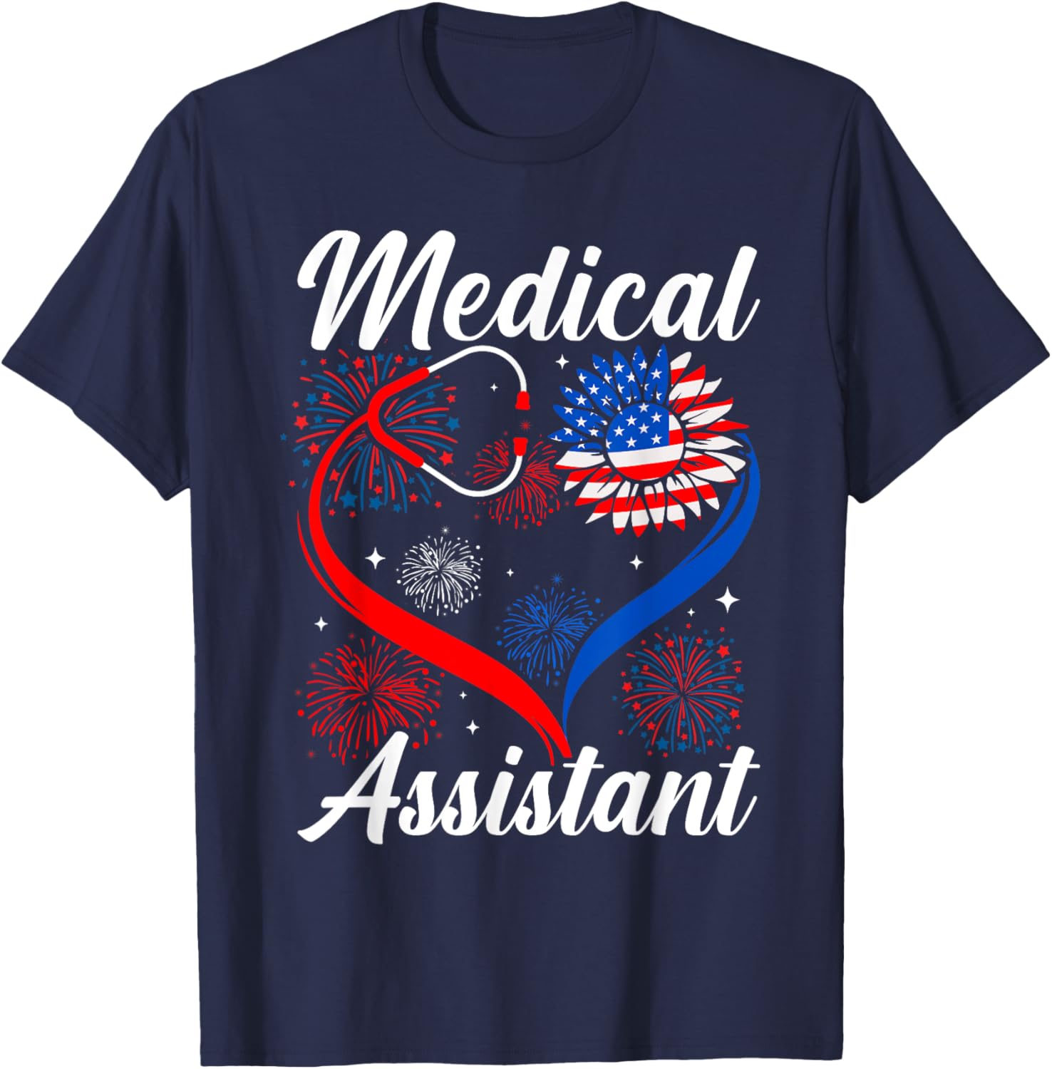 Medical Assistant Sunflower American Flag 4th Of July Women Kids Men T-Shirt - T-Shirt | Navy