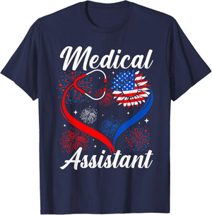 Medical Assistant Sunflower American Flag 4th Of July Women Kids Men T-Shirt - T-Shirt | Navy