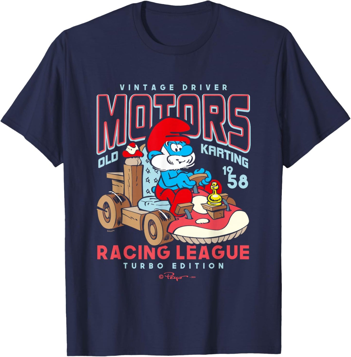 The Smurfs Vintage Driver Motors Old Karting Papa Smurf Logo T-Shirt - T-Shirt | Navy