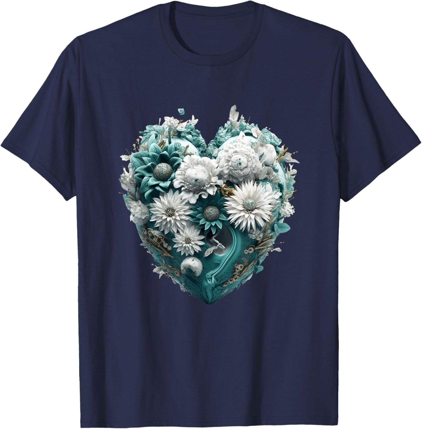 Cute Teal Heart Graphic Made of Flowers Girls T-Shirt - T-Shirt | Navy