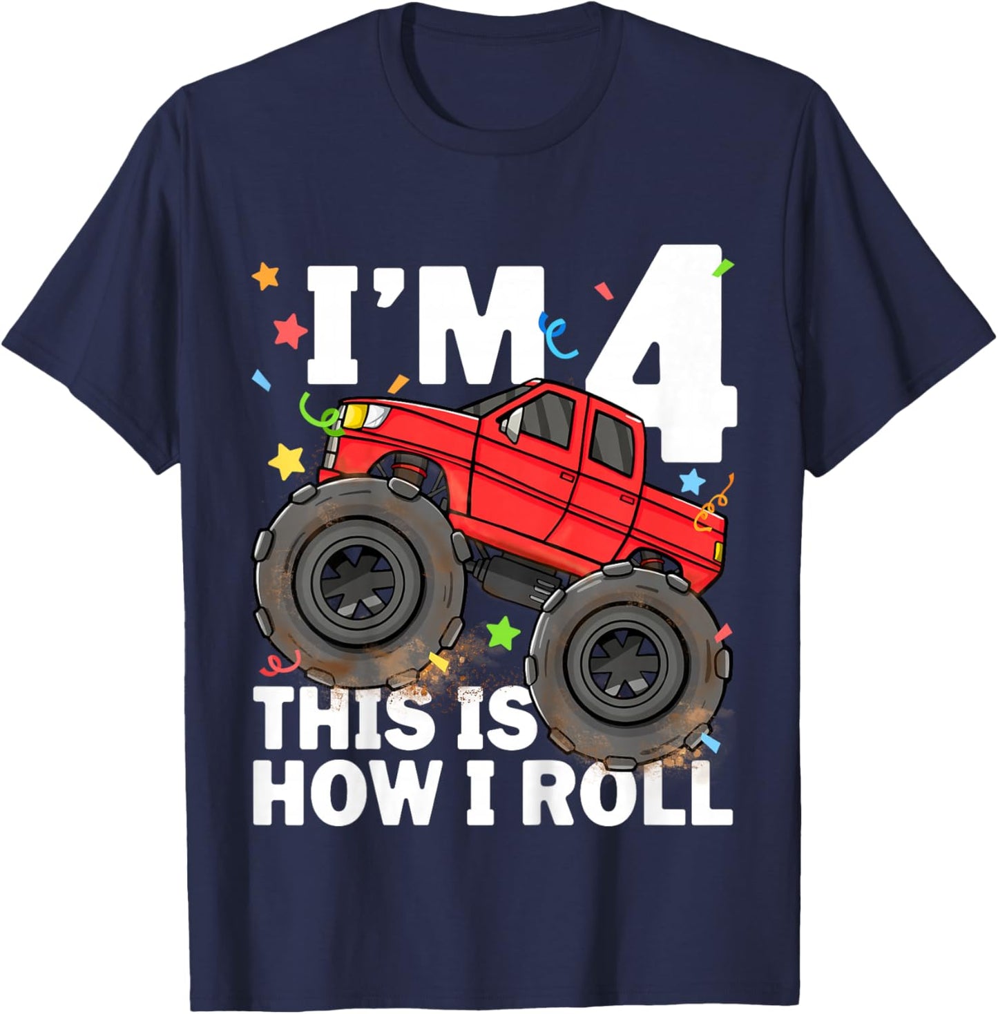 Kids Monster Truck 4th Birthday Boy Toddler 4 Four Year Old T-Shirt - T-Shirt | Navy