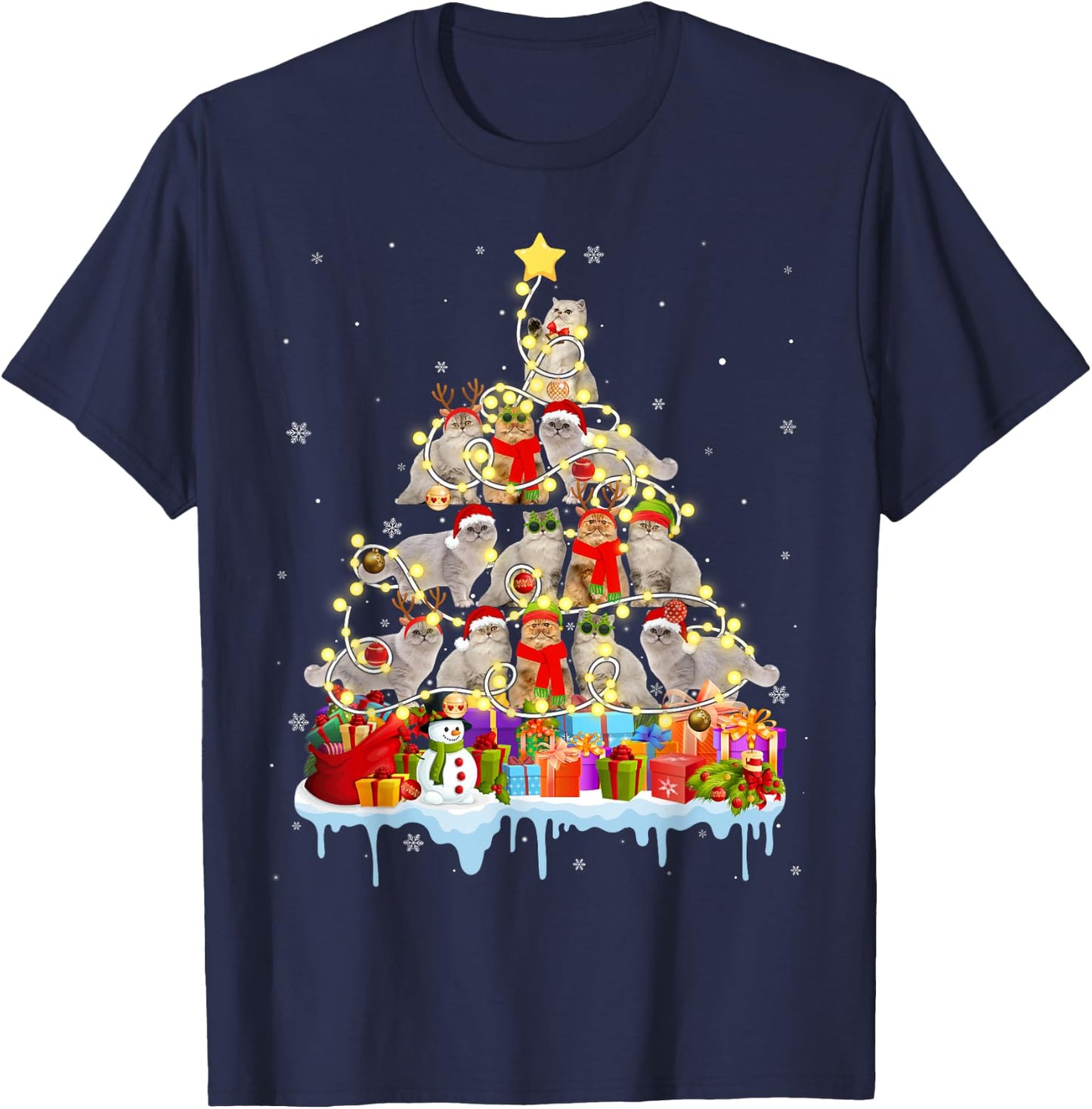 Funny Persian Christmas Tree Pet Cat Lover Gift Men Women Kids T-Shirt - T-Shirt | Navy