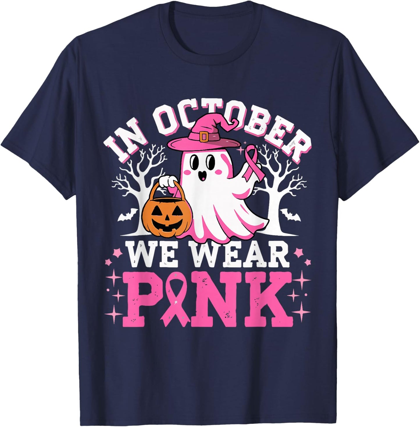 In October We Wear Pink Witch Ghost Halloween Breast Cancer T-Shirt - T-Shirt | Navy