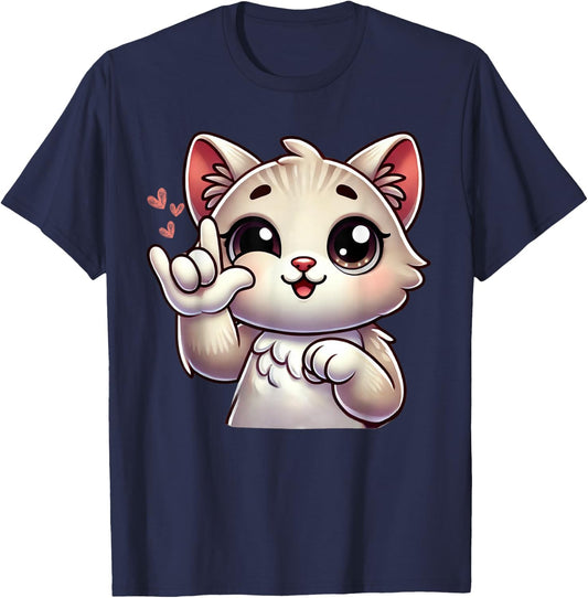 Kitten Cute Cat Making Love You Hand Sign Language ASL T-Shirt - T-Shirt | Navy