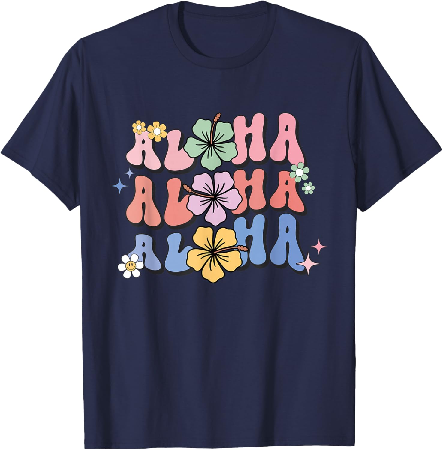 Aloha Hawaiian Hibiscus Flowers Retro Women's , Black, S T-Shirt - T-Shirt | Navy