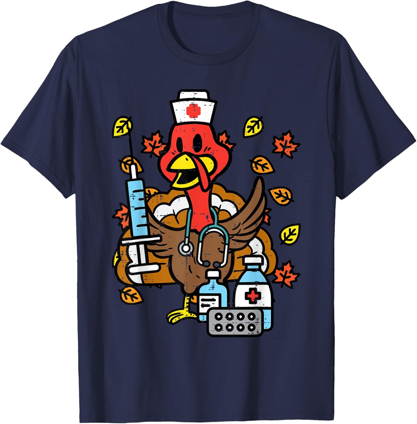 Turkey Nurse Thanksgiving Fall Scrub Nursing RN ICU ER Nicu T-Shirt - T-Shirt | Navy