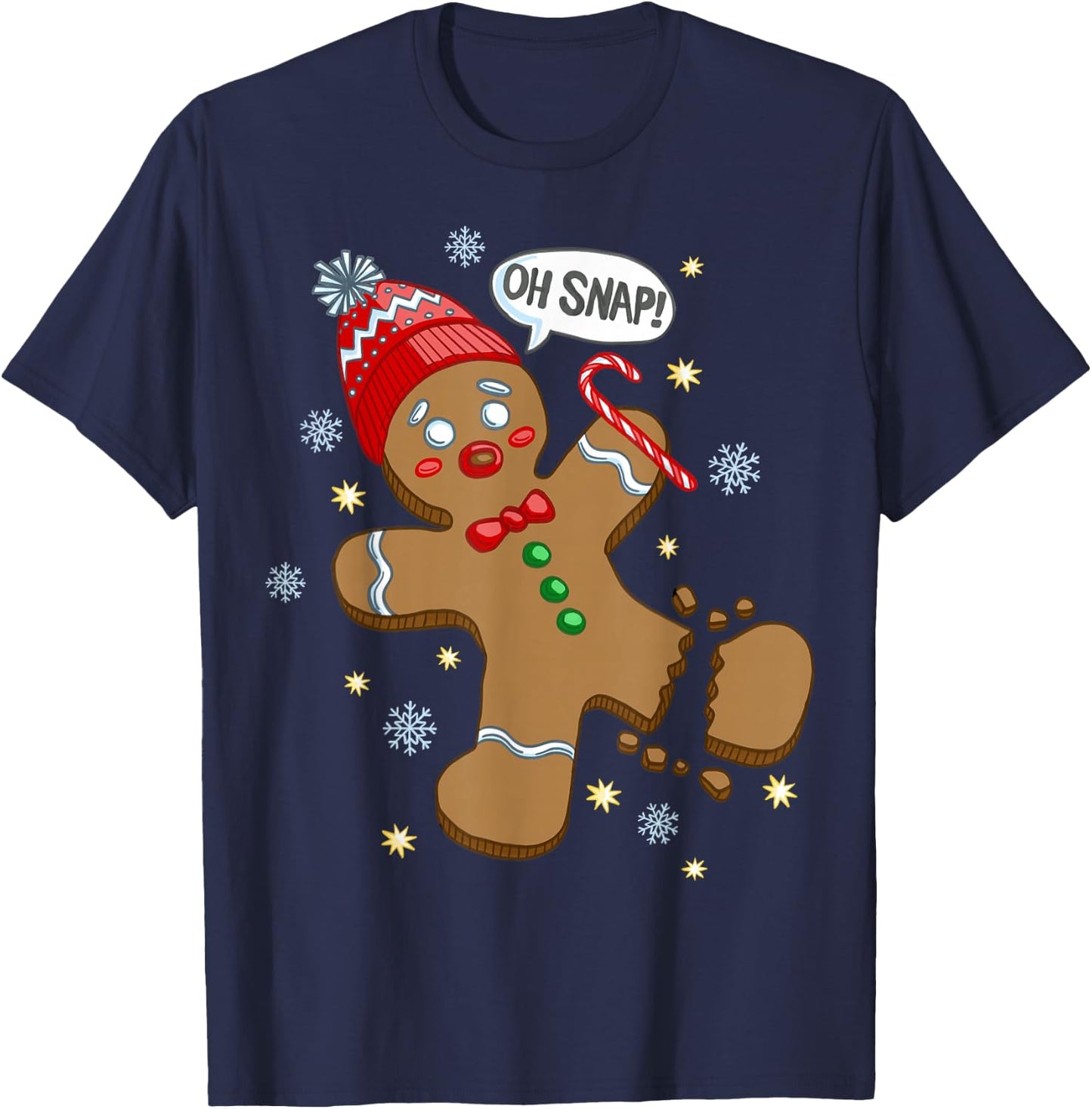 Trendy Holiday Apparel Gingerbread Man Oh Snap Christmas - Men's Adults Black Solid Short Sleeve Classic Fit Pull On Christmas Celebration T-Shirt - T-Shirt | Navy