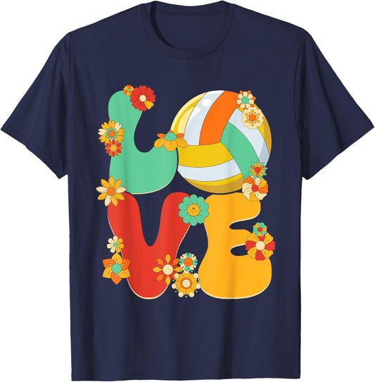 Volleyball Love Shirt Groovy Flower Volleyball Lover Girls T-Shirt - T-Shirt | Navy