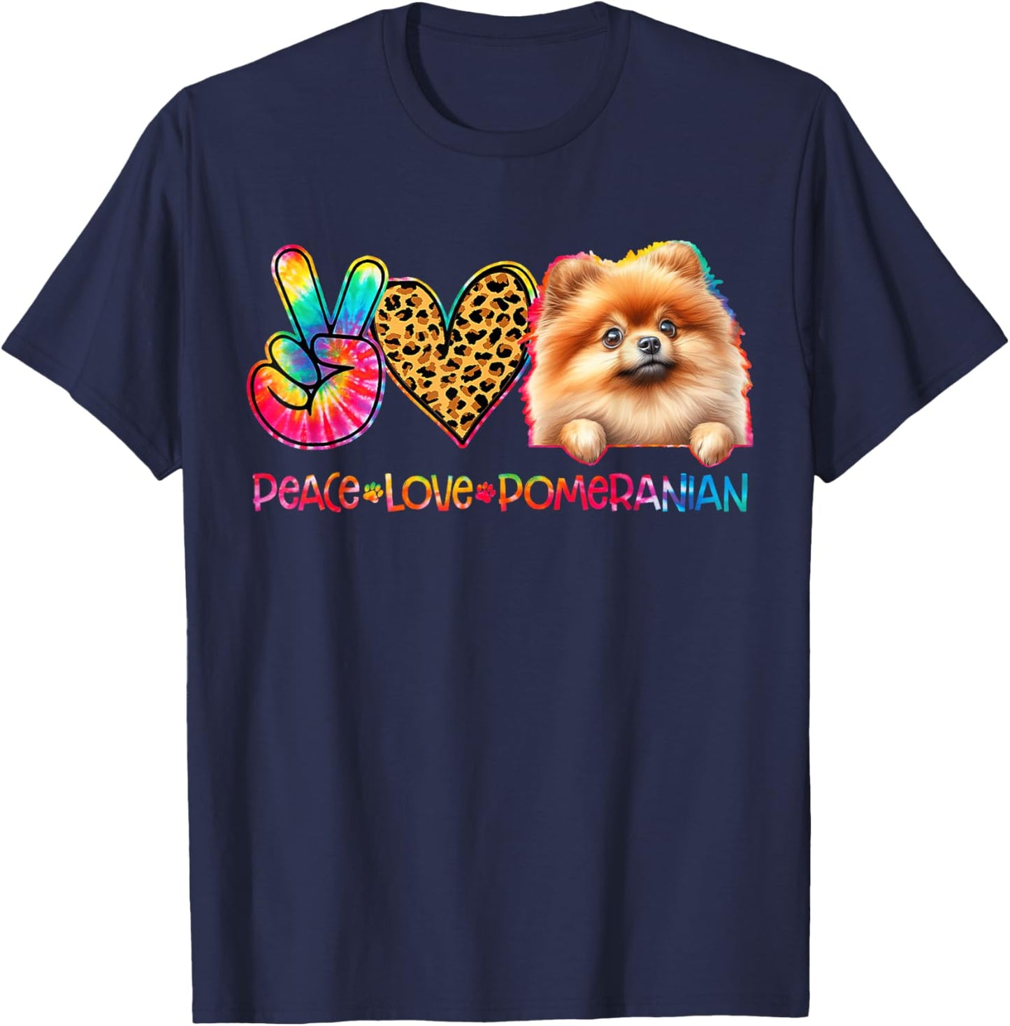Peace Love Pomeranian Tie Dye Dog Lover T-Shirt - T-Shirt | Navy