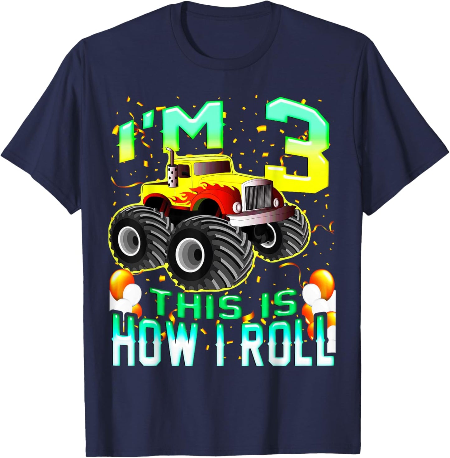Kids 3 Year Old Shirt 3rd Birthday Boy Monster Truck Car T-Shirt - T-Shirt | Navy