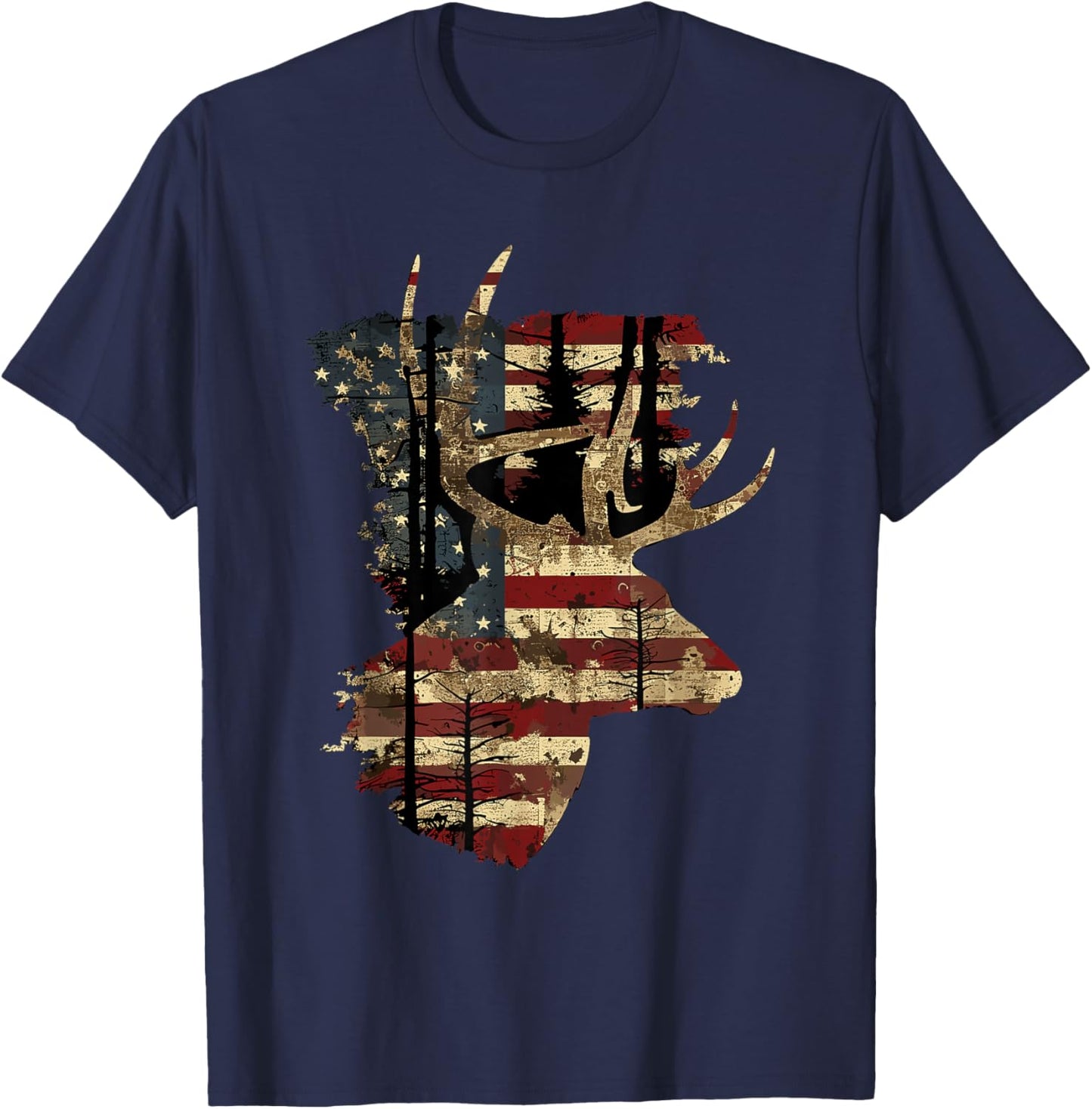 Whitetail Buck Deer Hunting 4th Of July USA American Flag Men T-Shirt - T-Shirt | Navy