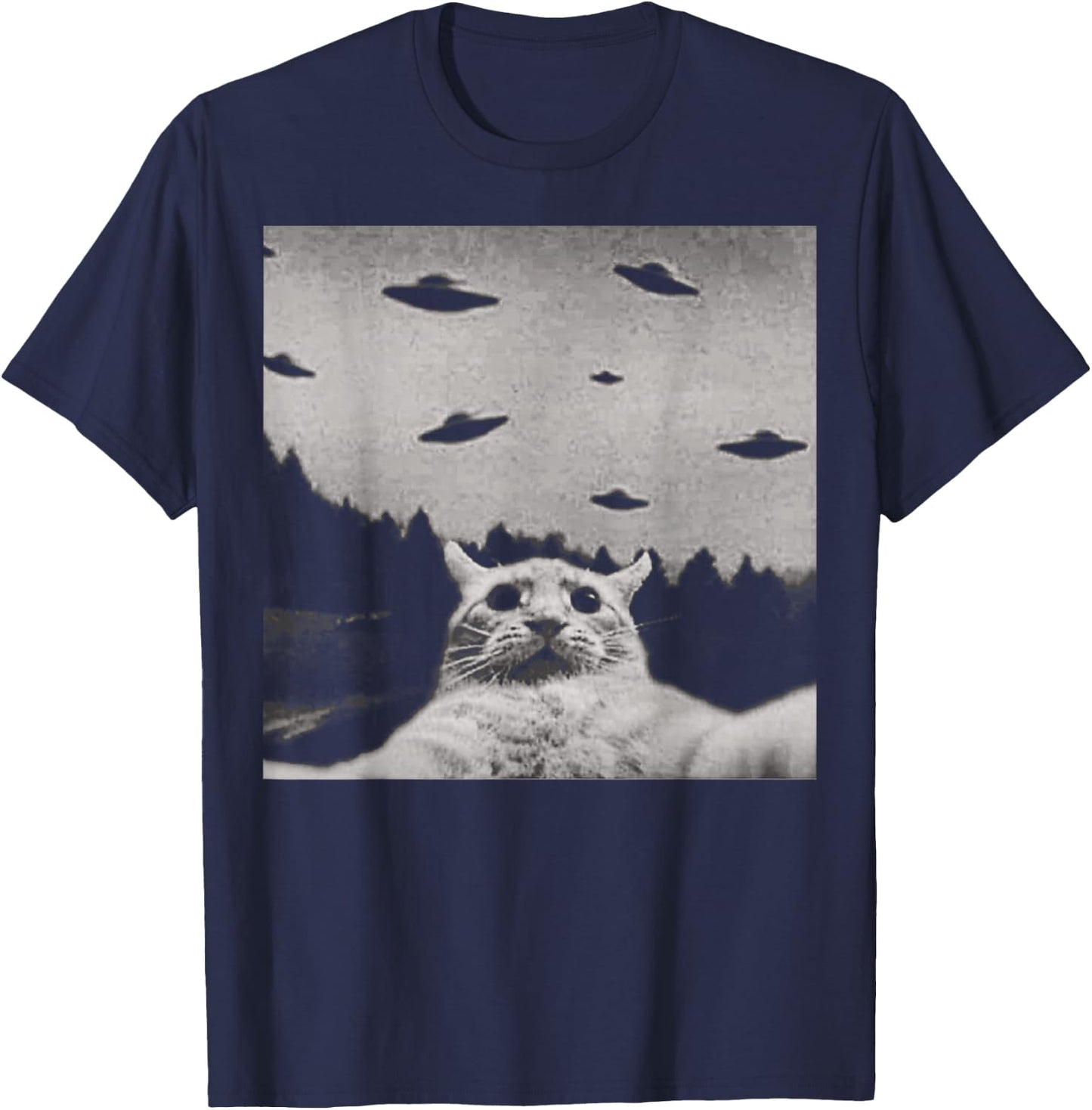 ThreadWeird Alien Cat UFO - Classic Fit, Round Neck, Black, Adult T-Shirt - T-Shirt | Navy