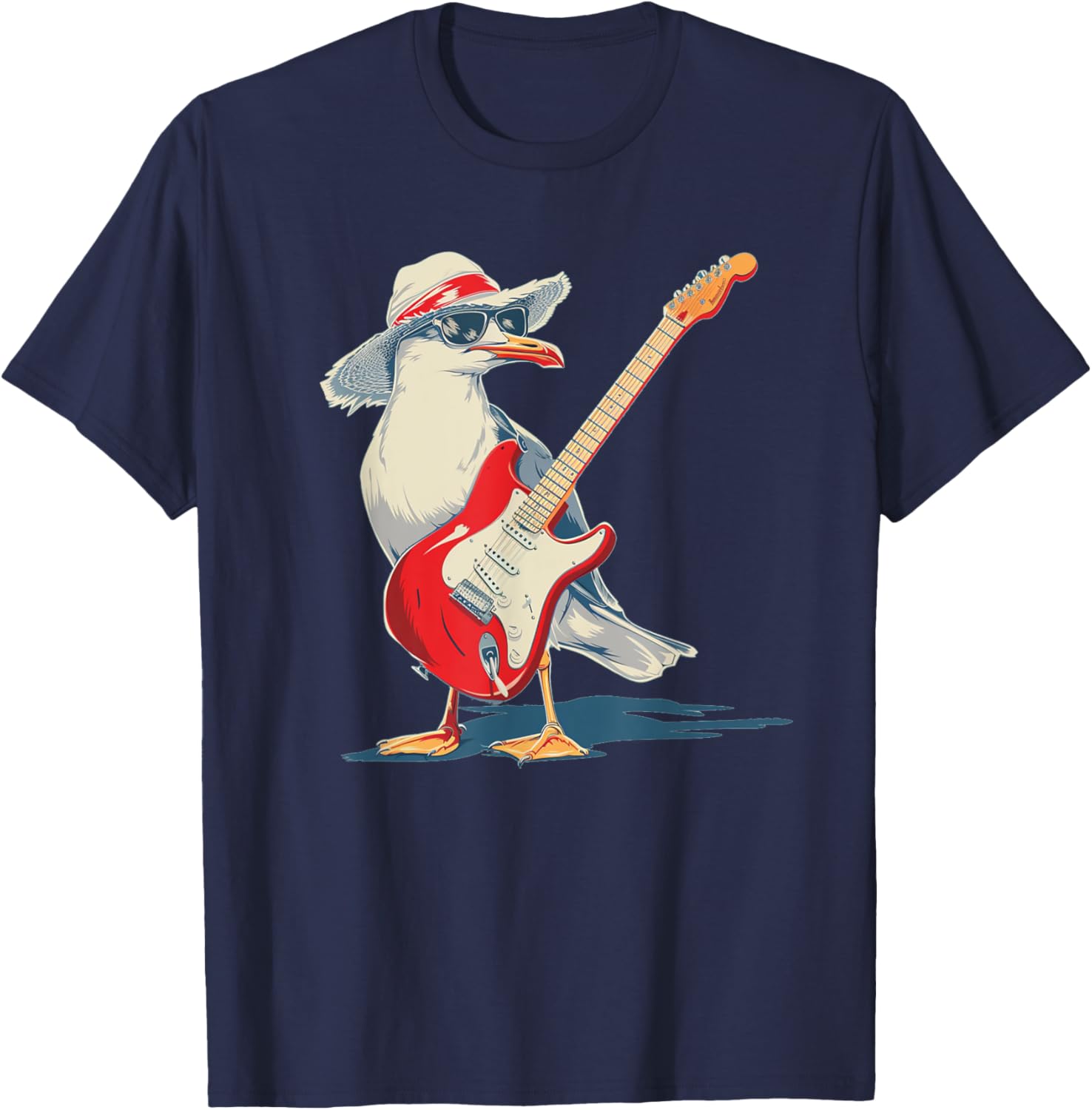 Funny Seagull with Beach Hat and electric Guitar T-Shirt - T-Shirt | Navy