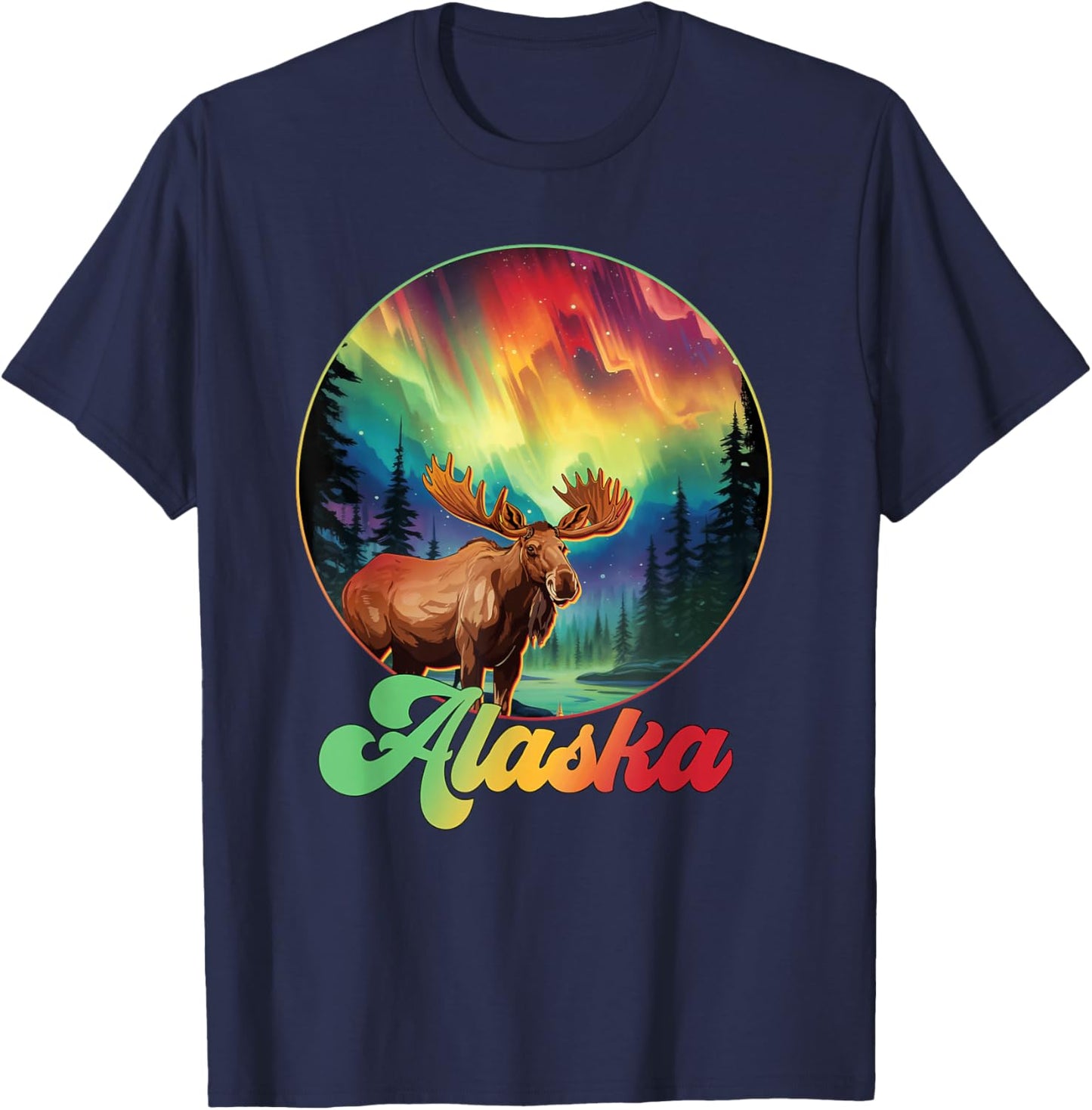 Alaska Northern Lights Aurora Alaska Vacay Moose T-Shirt - T-Shirt | Navy