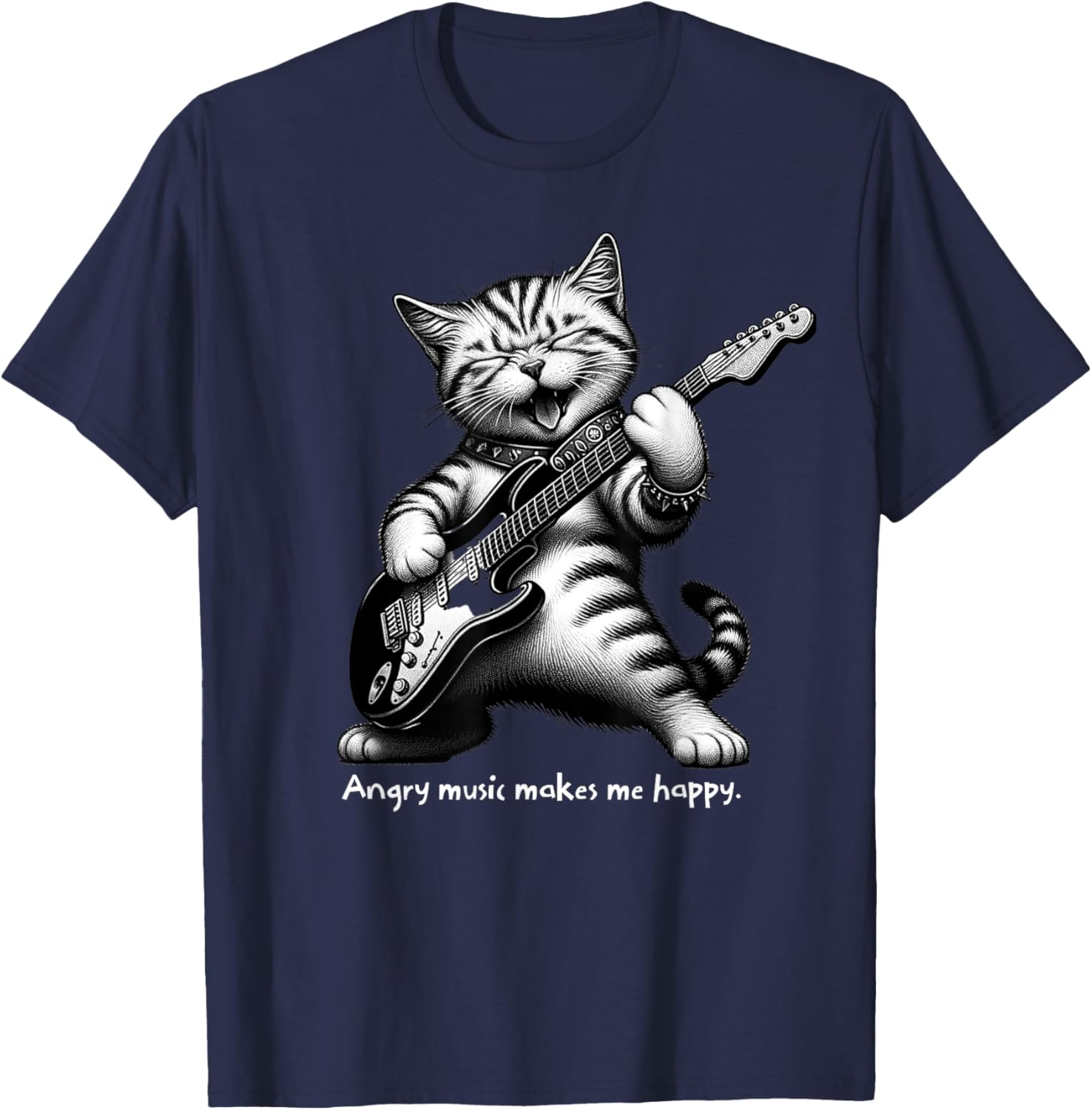Cat Playing Electric Guitar Angry Music Makes Me Happy Women Girls Kids T-Shirt - T-Shirt | Navy