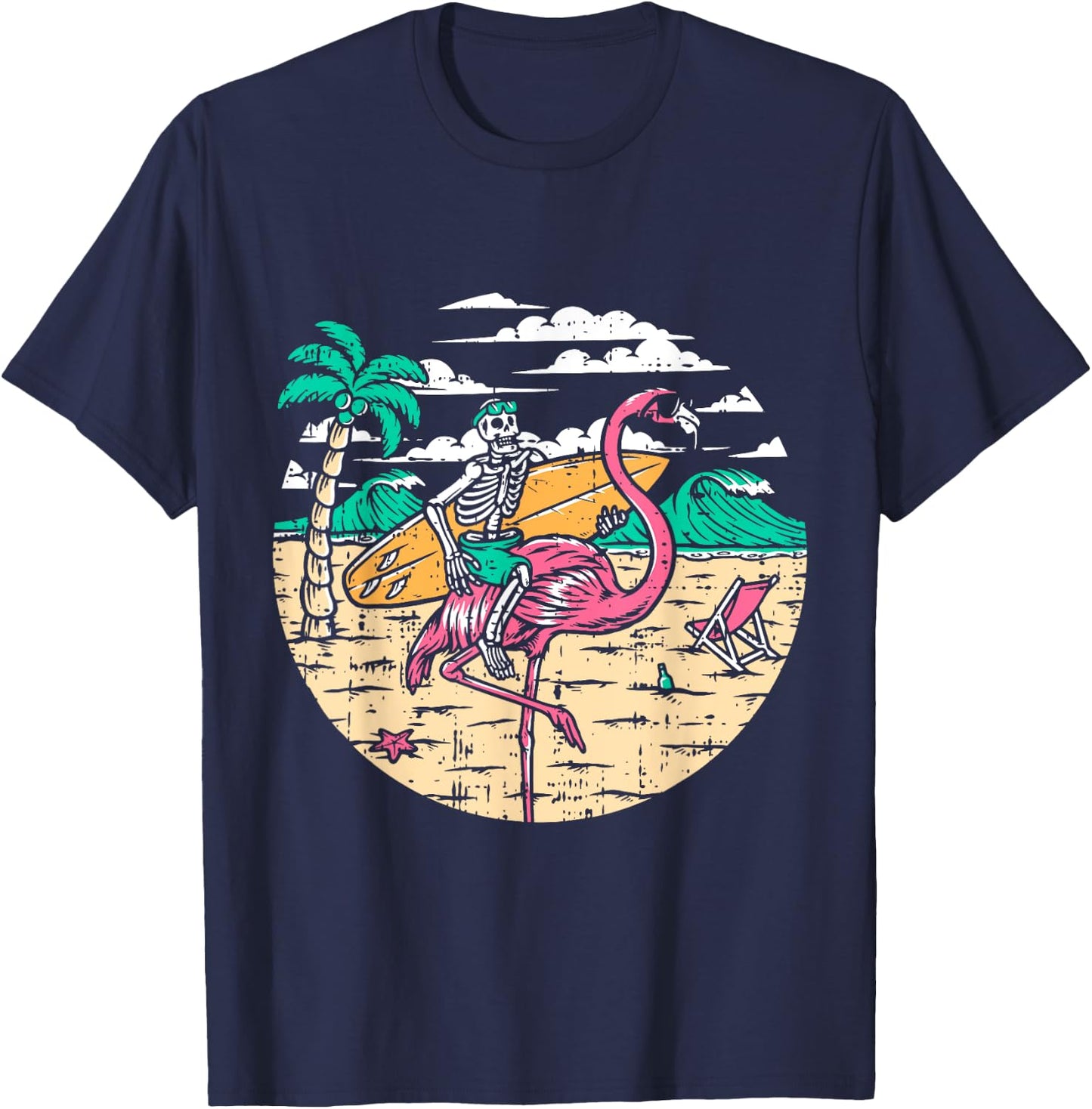 Skeleton Surfer Riding Flamingo Halloween Costume Surfing T-Shirt - T-Shirt | Navy