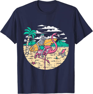 Skeleton Surfer Riding Flamingo Halloween Costume Surfing T-Shirt - T-Shirt | Navy