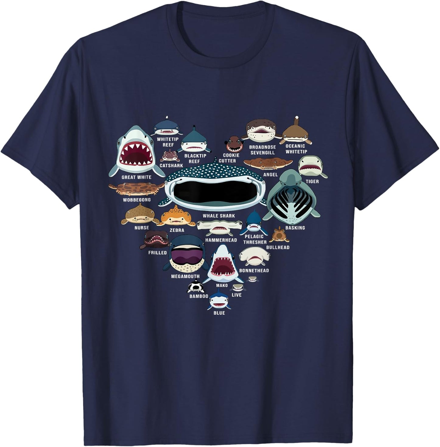 Types Of Sharks Marine Biology - All Shark Faces Heart T-Shirt - T-Shirt | Navy