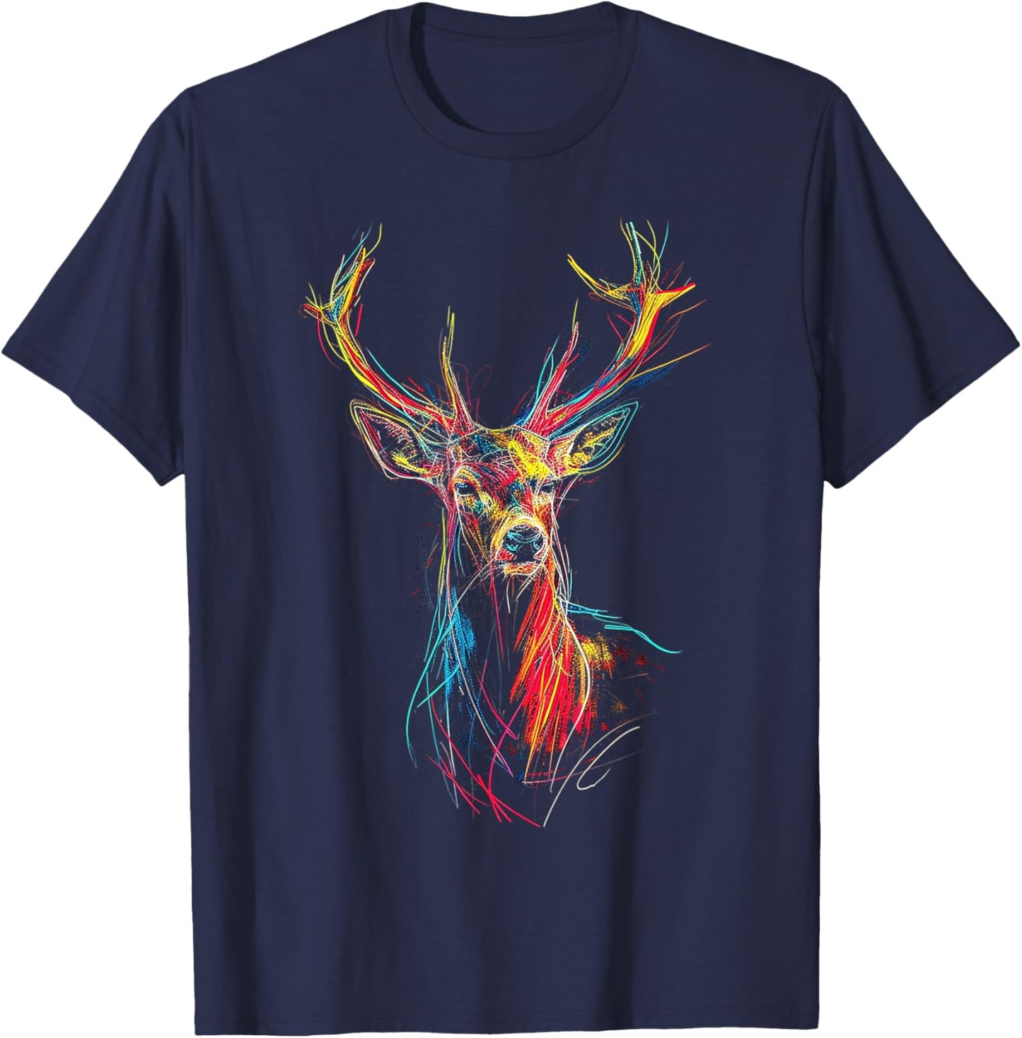 Deer Drawing Animal Colorful Fantasy Art Graphic Deer T-Shirt - T-Shirt | Navy