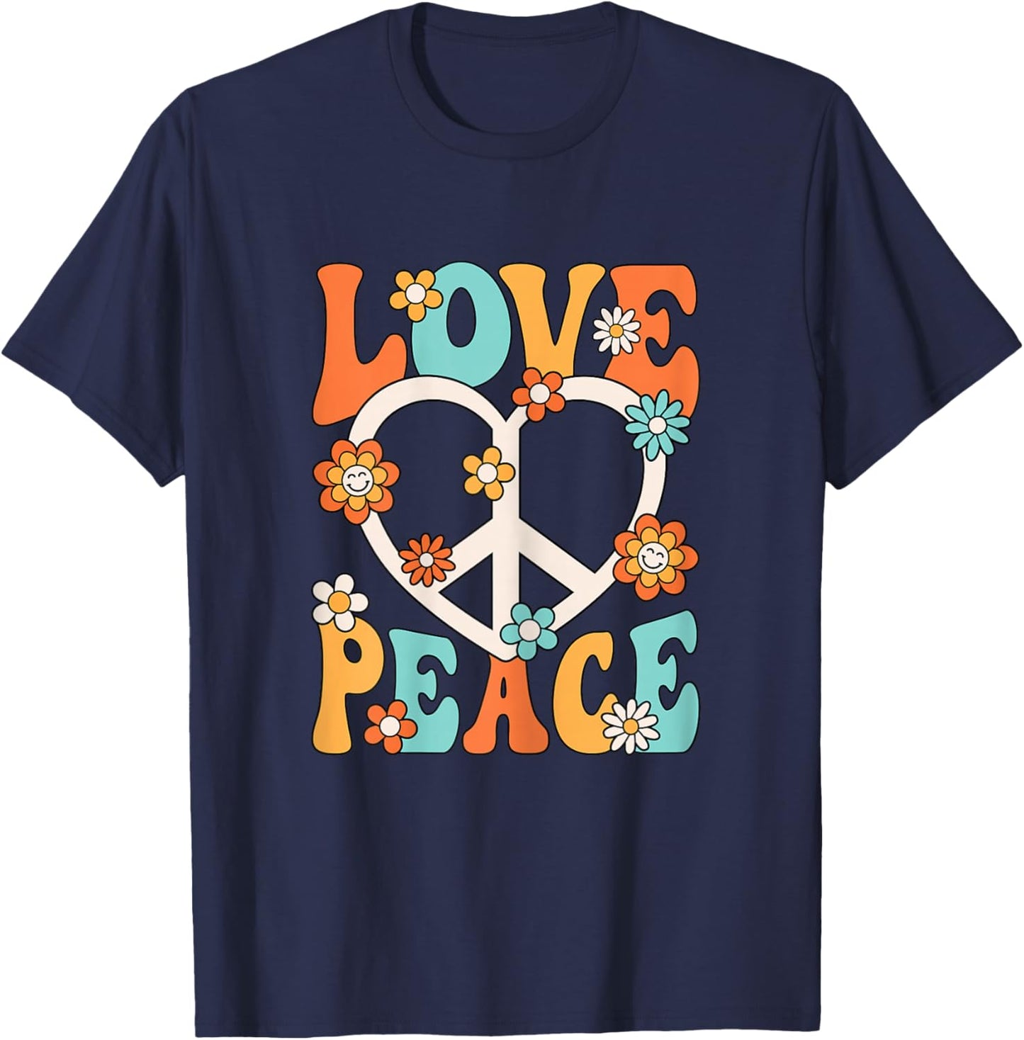 Love Peace Sign 60s 70s Outfit Hippie Groovy Women Girls T-Shirt - T-Shirt | Navy