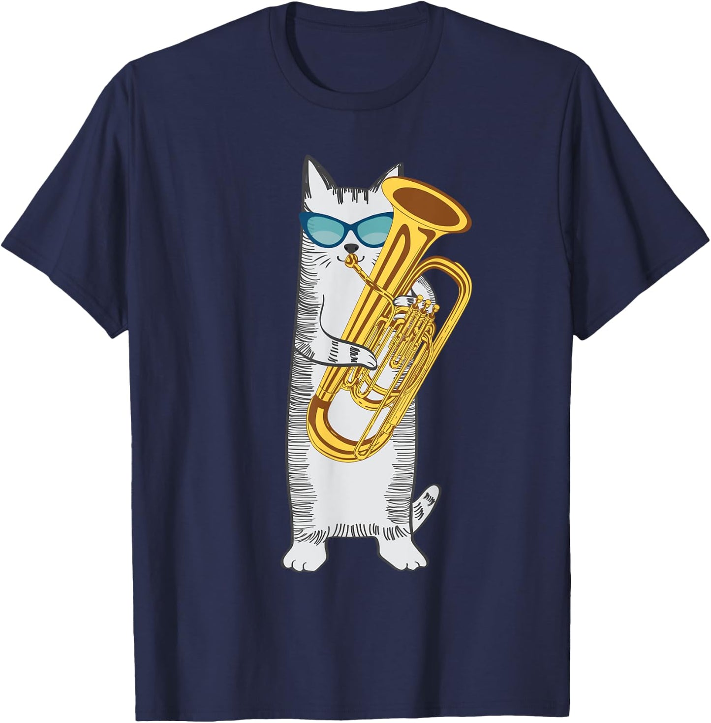 Tuba Cat Wearing Retro Sunglasses For Low Brass Players Men Women Kids T-Shirt - T-Shirt | Navy