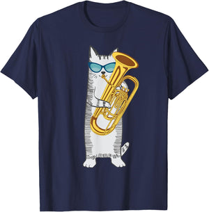 Tuba Cat Wearing Retro Sunglasses For Low Brass Players Men Women Kids T-Shirt - T-Shirt | Navy