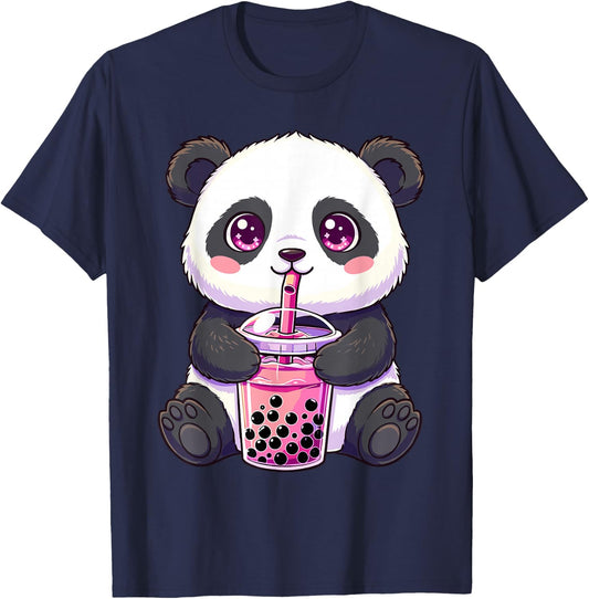Panda with Boba Bubble Tea Cute Kawaii T-Shirt - T-Shirt | Navy