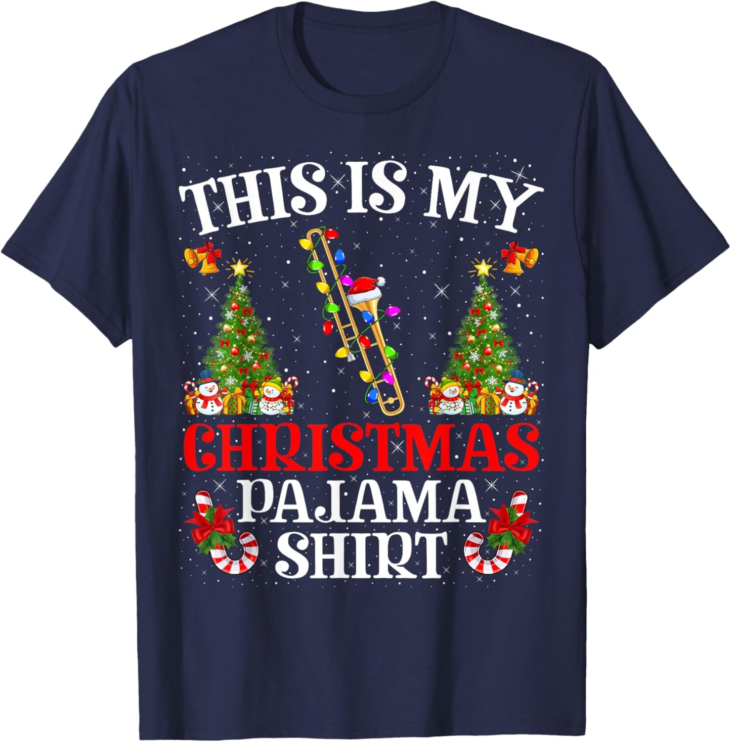 This Is My Christmas Pajama Shirt Lighting Trombone Xmas T-Shirt - T-Shirt | Navy