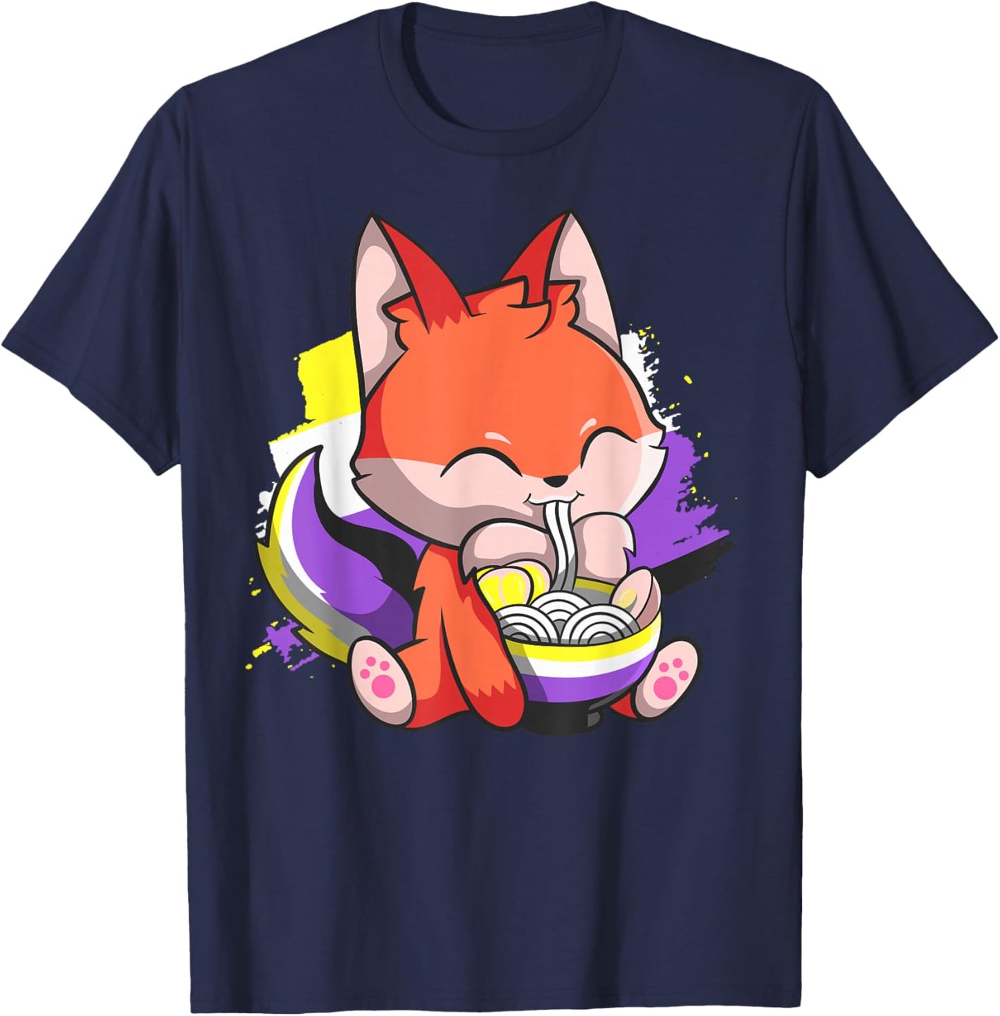 Nonbinary Pride Kawaii Fox Ramen Noodles Non Binary Flag T-Shirt - T-Shirt | Navy