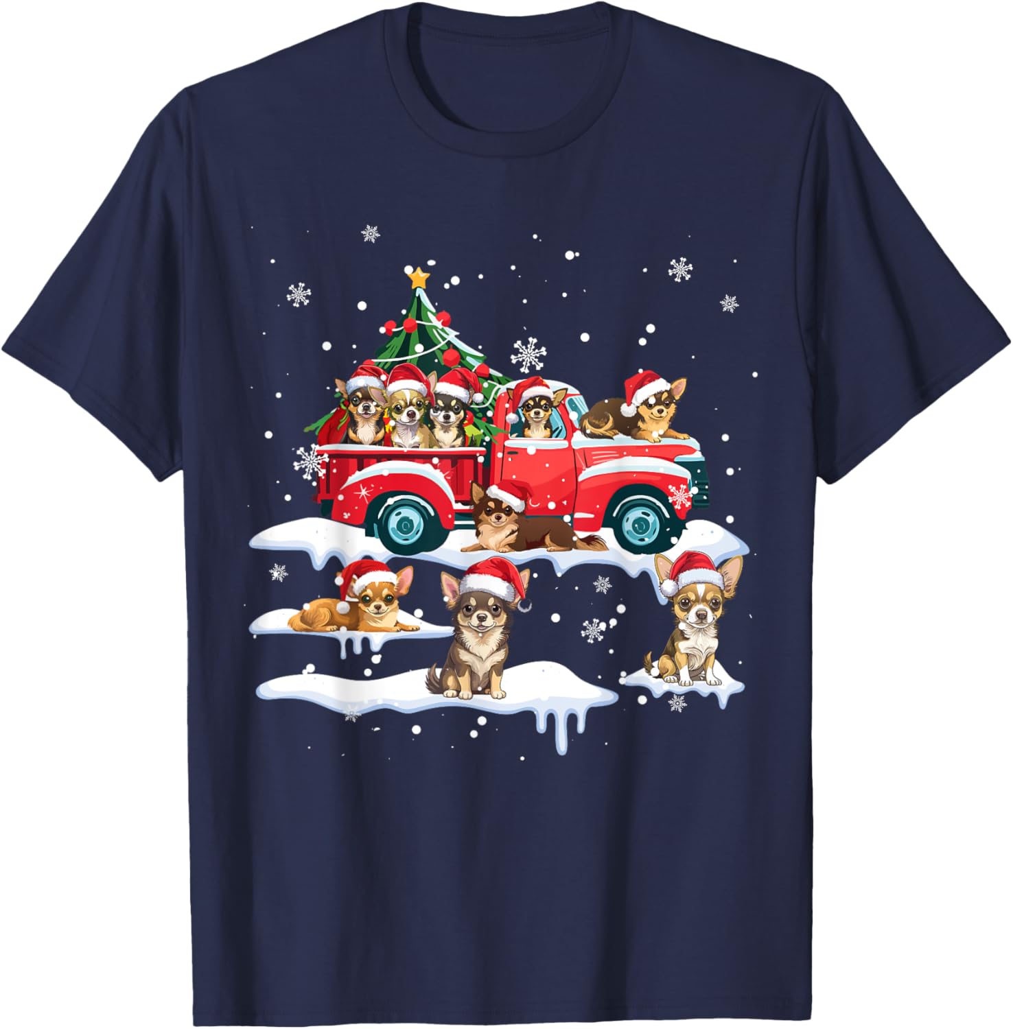Chihuahua Dog Riding Red Truck Ugly Sweater Merry Christmas T-Shirt - T-Shirt | Navy